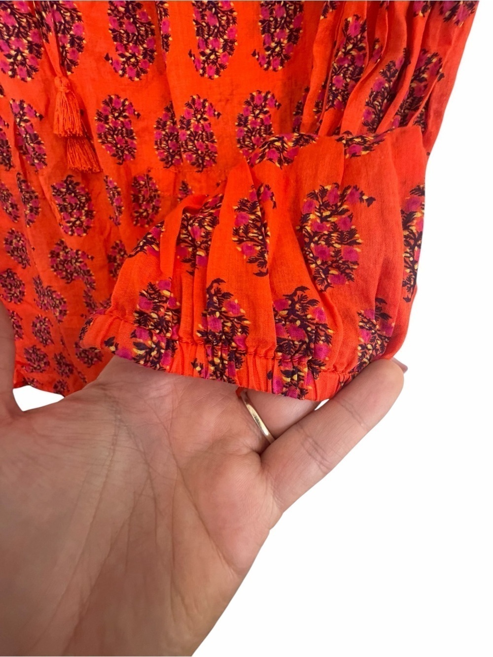 Tory Burch Evelina Floral Peasant Blouse Orange Pink Tassel Tie Cotton Size 6 - Picture 7 of 9